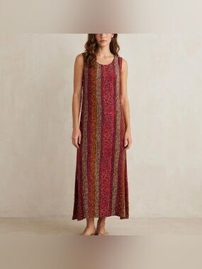 Mantles Boho Beaded Bottom Sleeveless Midi Dress Burgundy Orange Striped Size M